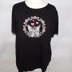 Classic Editions Womens 2XL Black Silver Red Cat / kitten with Red Hearts Shirt